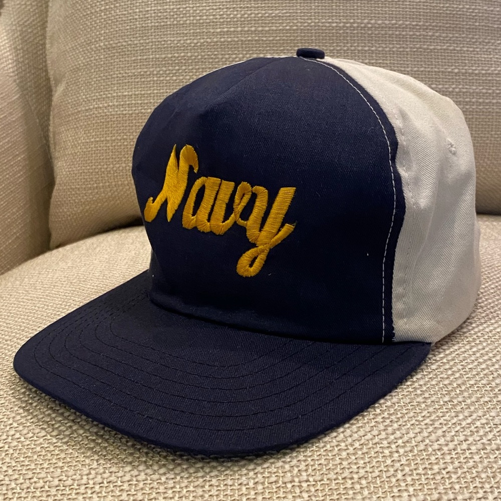 Navy Vintage Mens Hat Navy w Yellow Oversized Embroidered Navy Adjustable